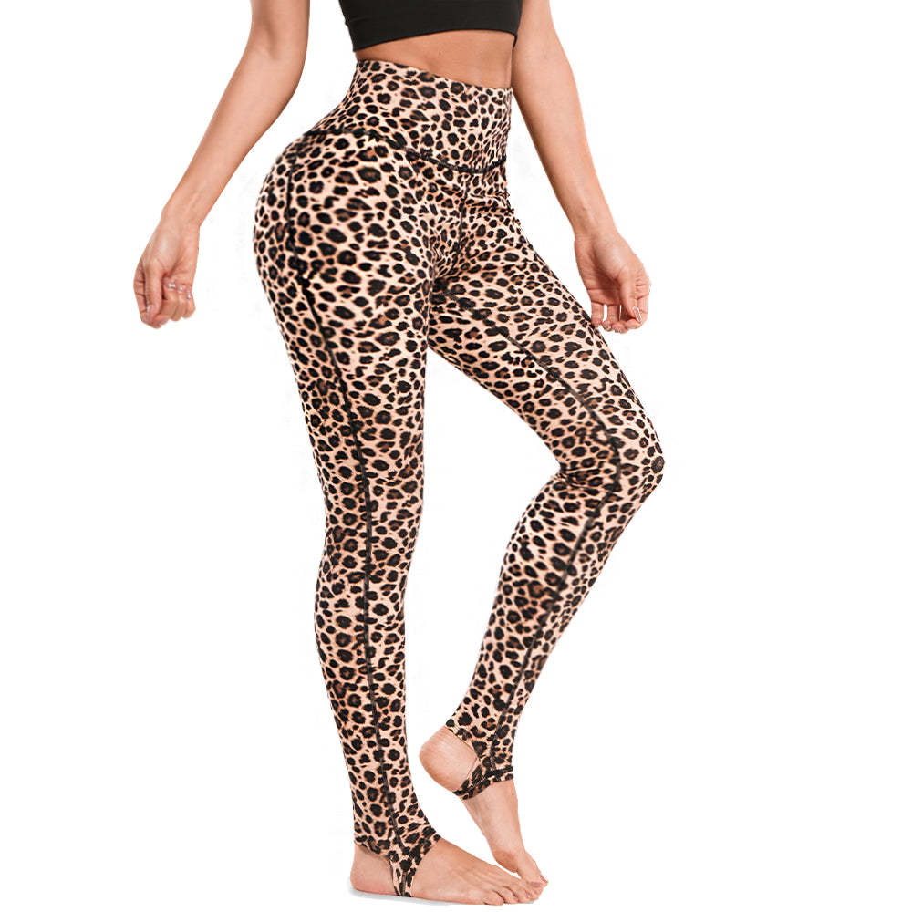Women High Waist Leopard Pattern Yoga Pants With Foot Stap - Nebility