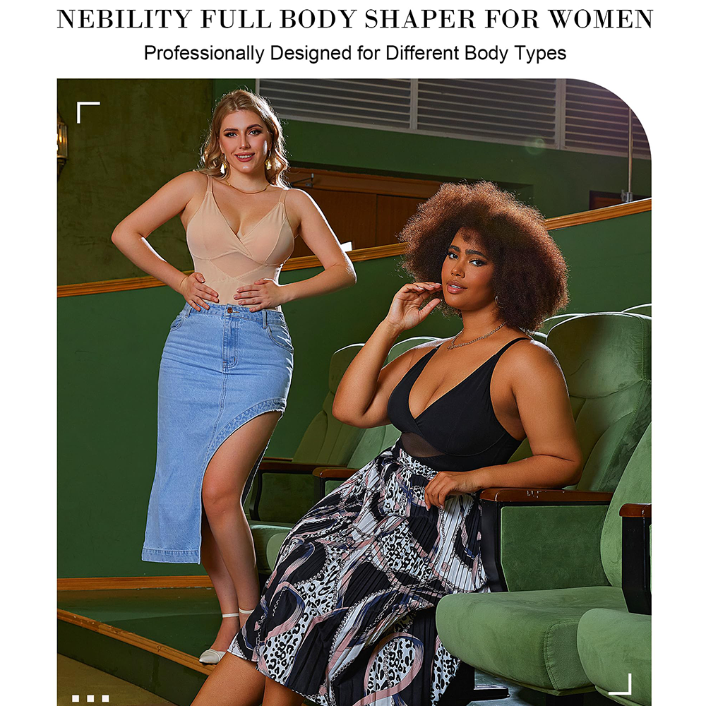 Nebility Plus Size Women V Neck Bodysuit with Removable Bra Pads