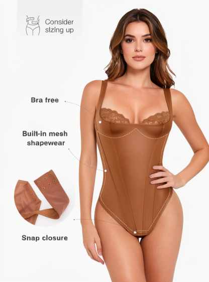 Faux Leather Lace Trim Underwire Thong Bodysuit