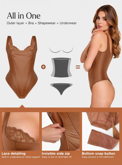 Faux Leather Lace Trim Underwire Thong Bodysuit