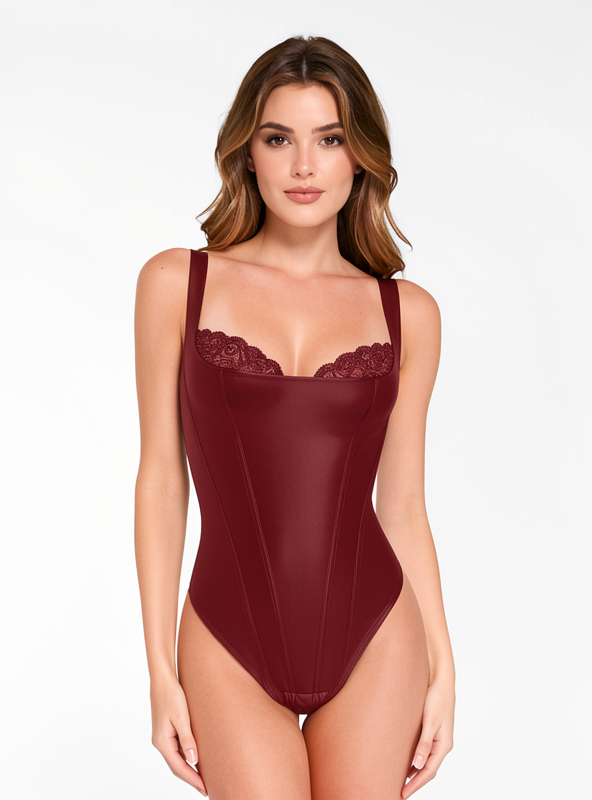 Faux Leather Lace Trim Underwire Thong Bodysuit