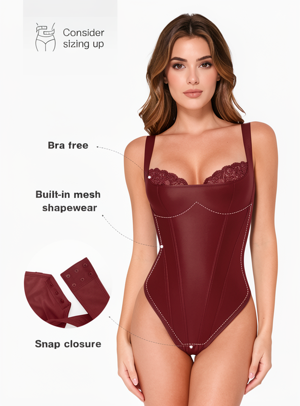 Faux Leather Lace Trim Underwire Thong Bodysuit