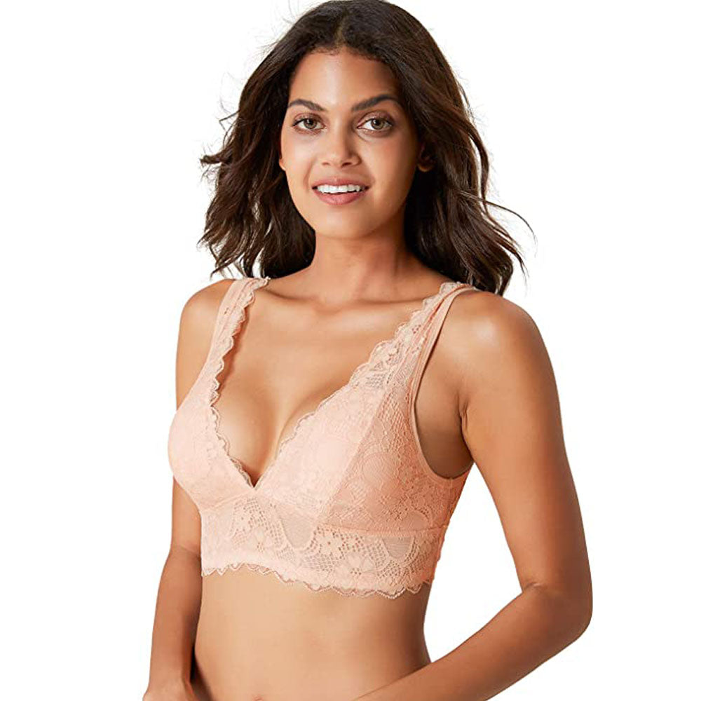 Women Lace Deep V With Removable Pads Wirefree Bralette - Nebility