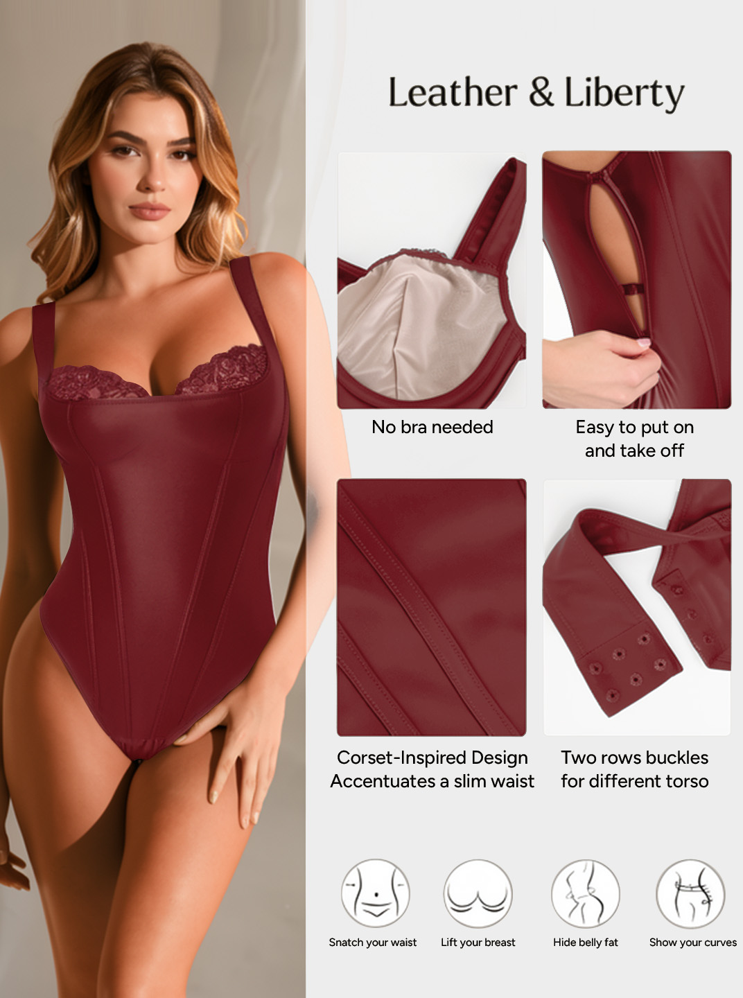 Faux Leather Lace Trim Underwire Thong Bodysuit