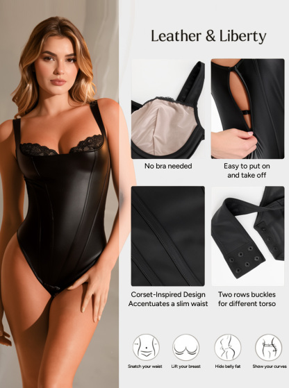 Faux Leather Lace Trim Underwire Thong Bodysuit