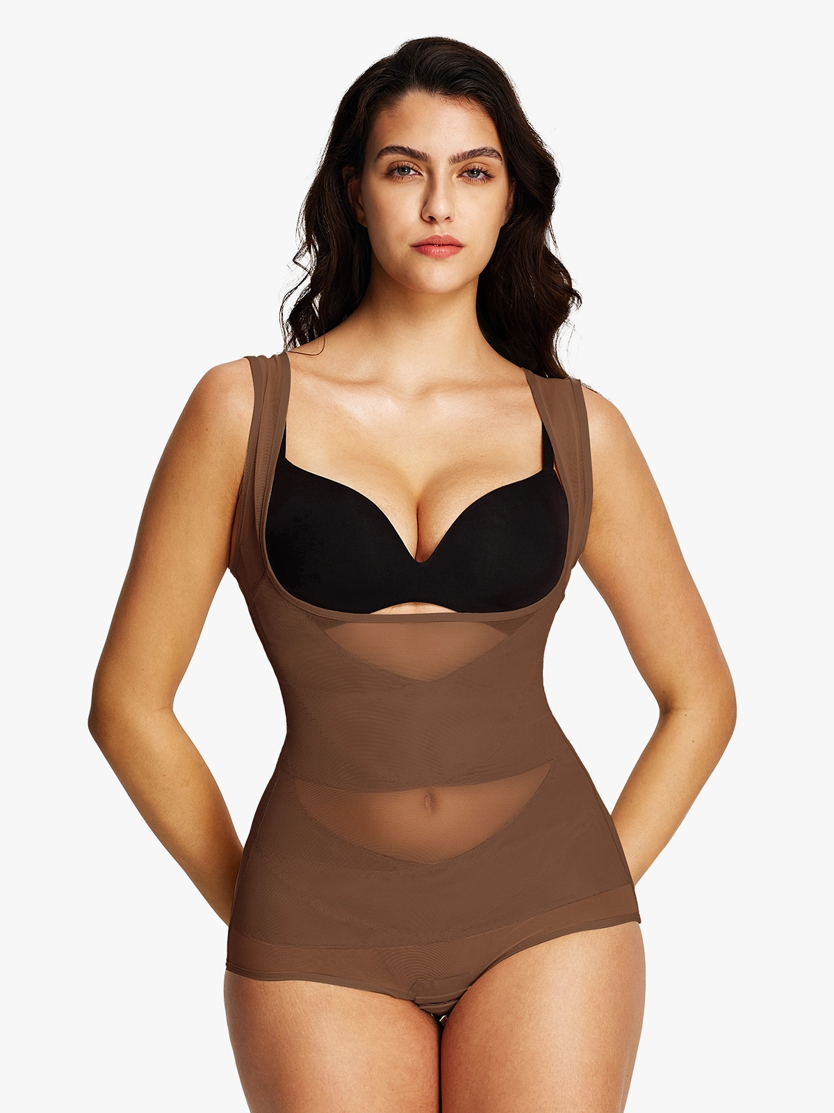 Mesh Open Bust Tummy Control Brief Bodysuit