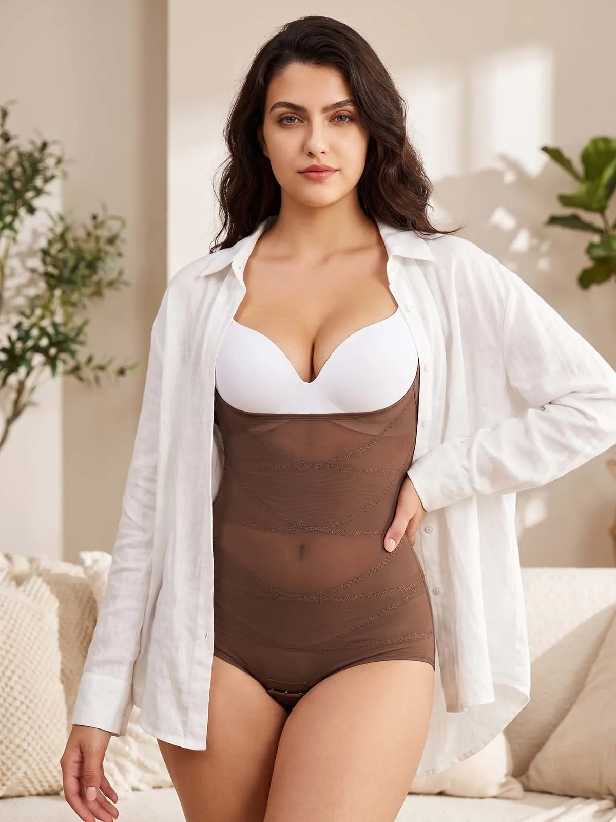 Mesh Open Bust Tummy Control Brief Bodysuit