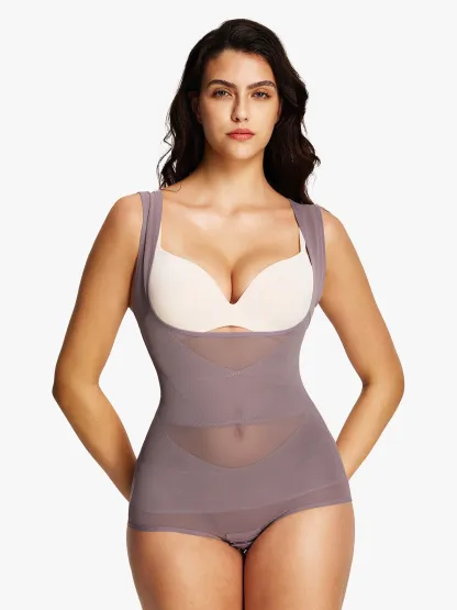 Mesh Open Bust Tummy Control Brief Bodysuit