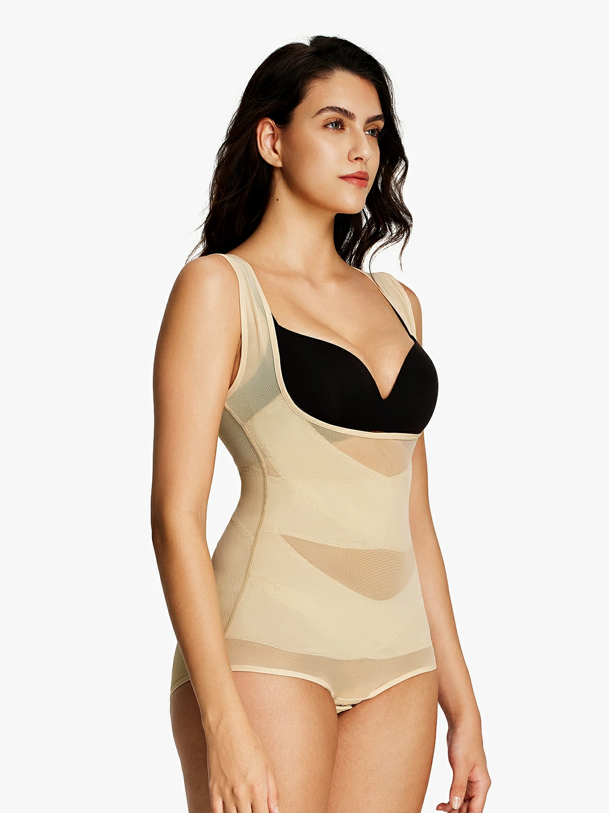 Mesh Open Bust Tummy Control Brief Bodysuit