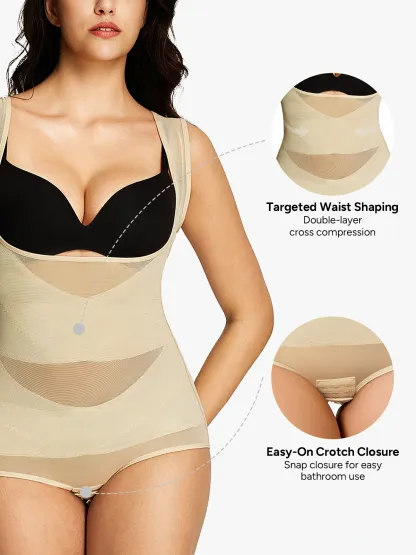 Mesh Open Bust Tummy Control Brief Bodysuit