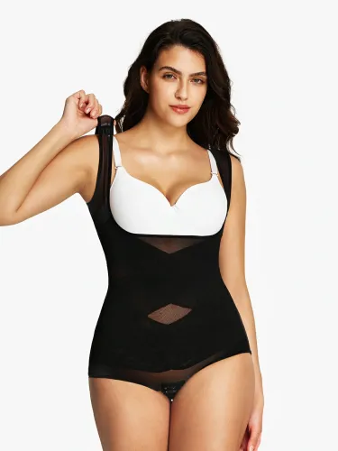 Mesh Open Bust Tummy Control Brief Bodysuit