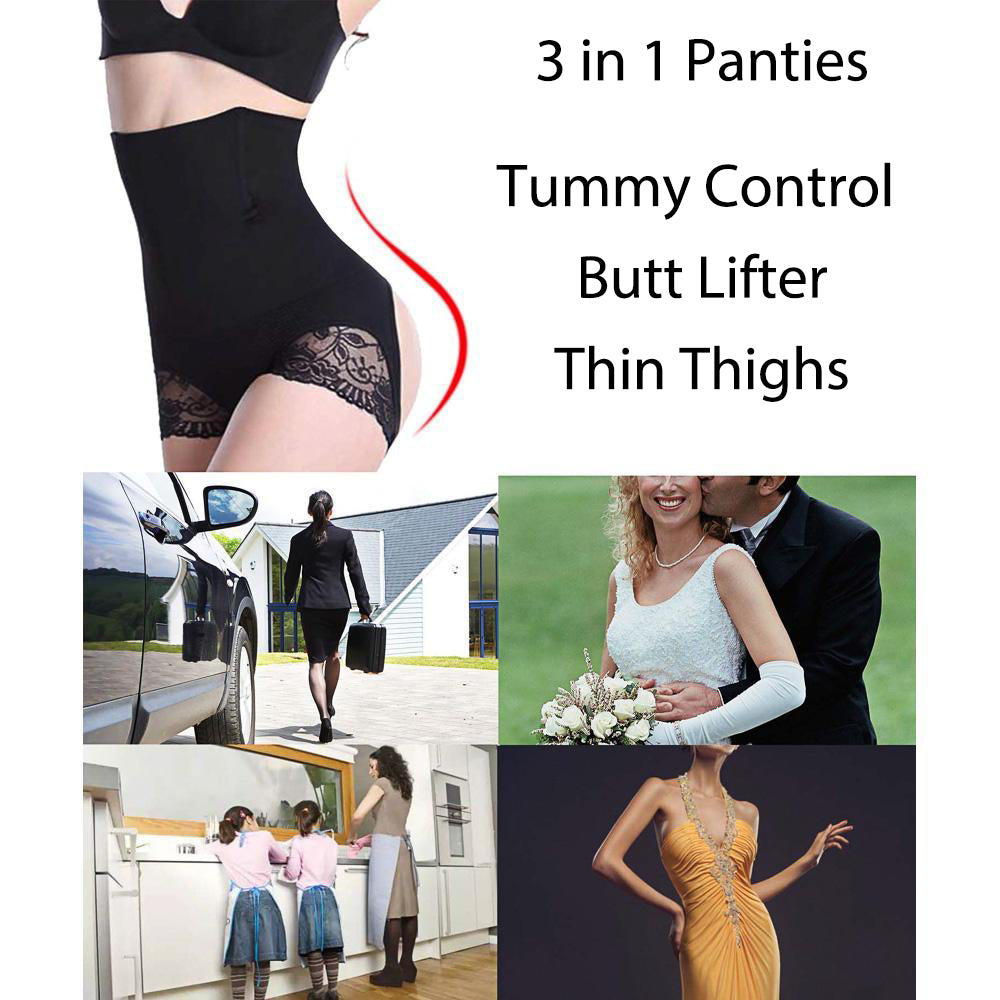 Women High Waist Lace Edge Open Butt Slimming Panty Shapewear - Nebility