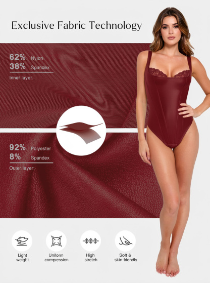 Faux Leather Lace Trim Underwire Thong Bodysuit