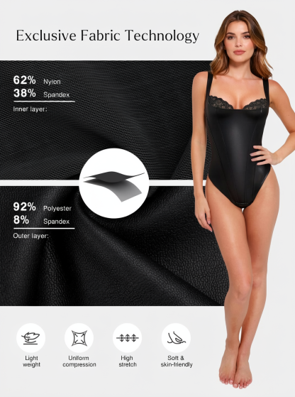 Faux Leather Lace Trim Underwire Thong Bodysuit