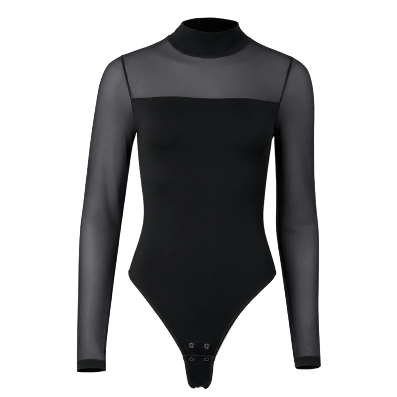 Women Sheer Mesh Long Sleeve Thong Shapewear Bodysuits