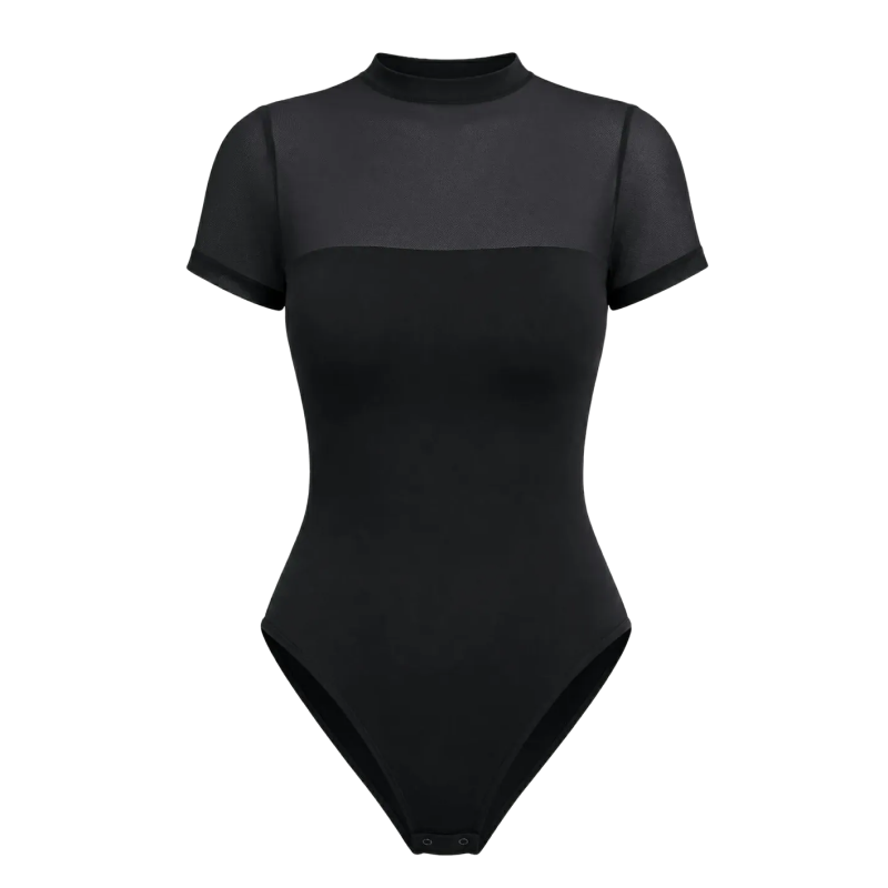 Women Sheer Mesh Long Sleeve Thong Shapewear Bodysuits