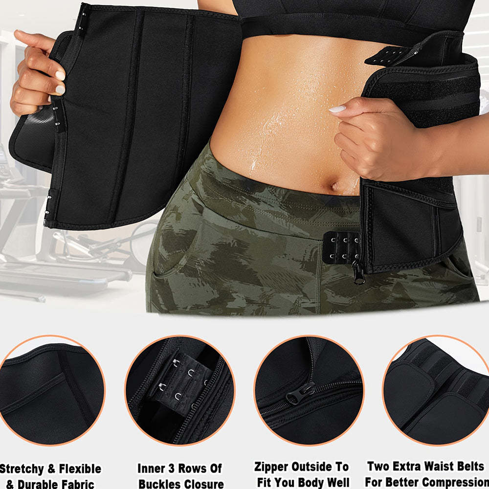 Nebility Plus Size Sweat Zipper Waist Trainer with Two Belts