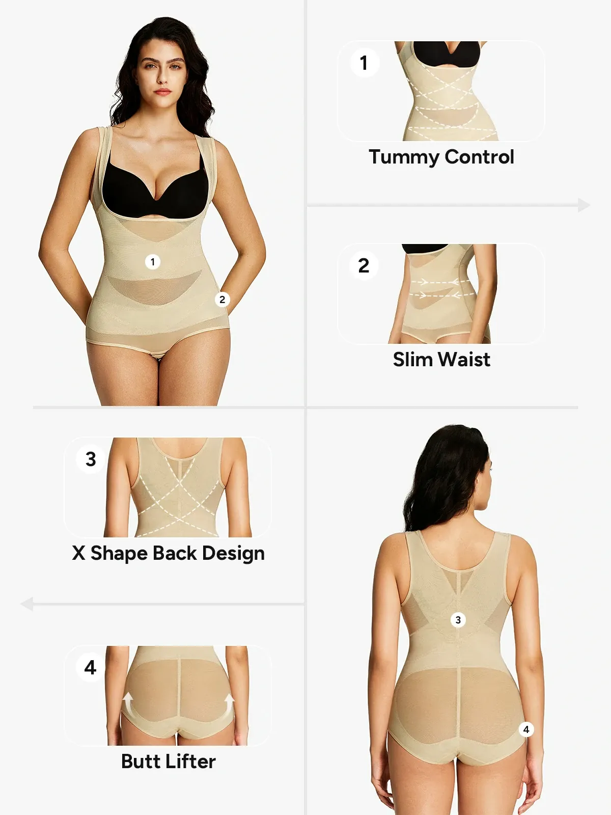 Mesh Open Bust Tummy Control Brief Bodysuit