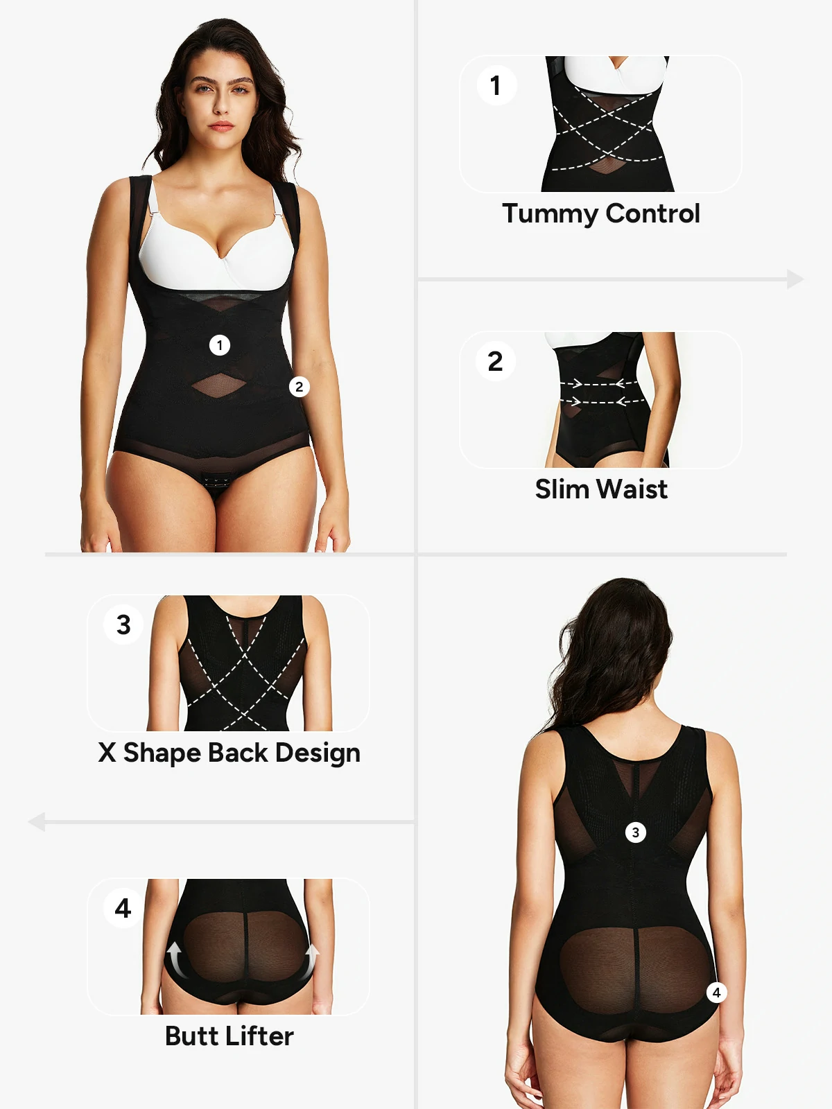 Mesh Open Bust Tummy Control Brief Bodysuit