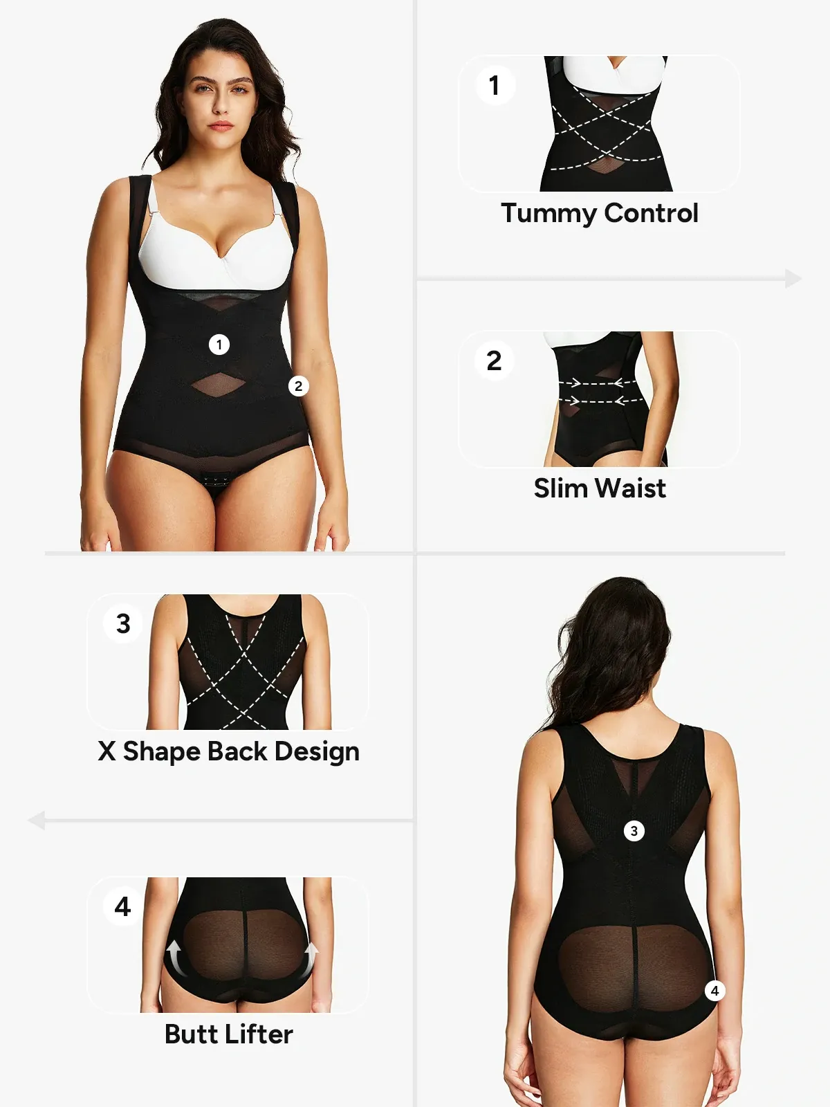 Mesh Open Bust Tummy Control Brief Bodysuit