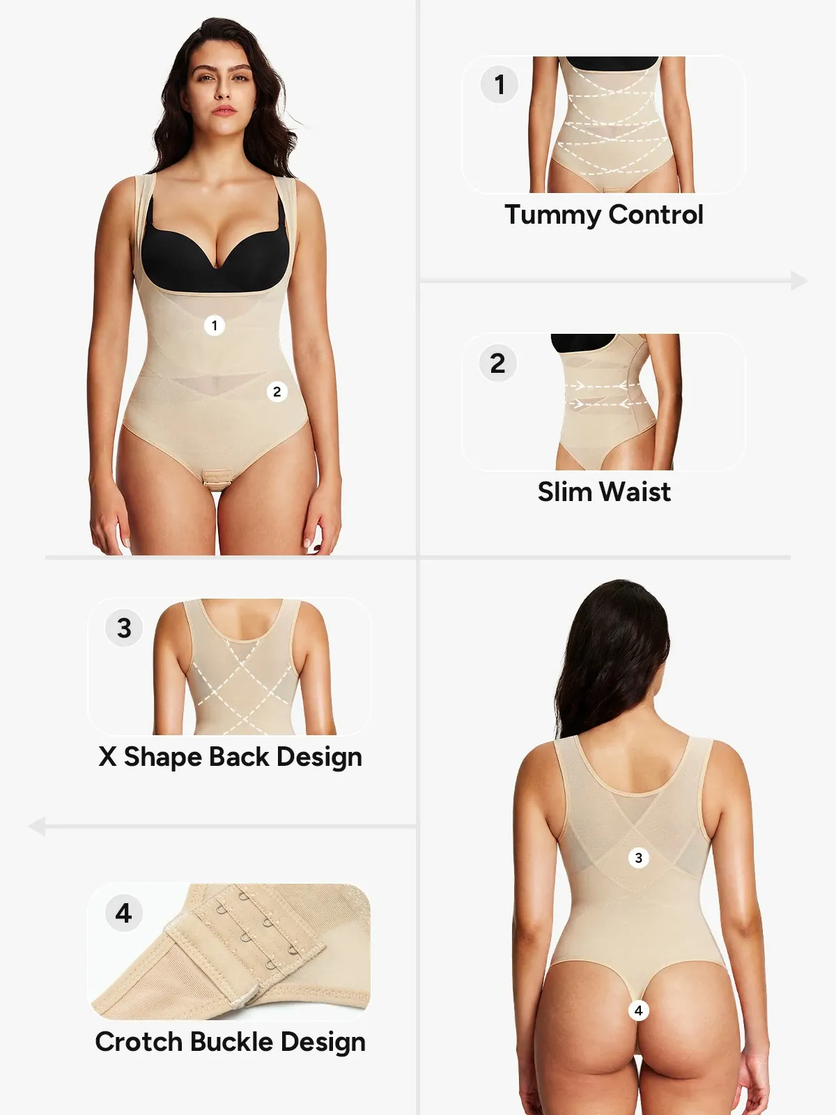 Mesh Open Bust Tummy Control Thong Bodysuit