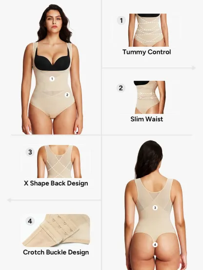 Mesh Open Bust Tummy Control Thong Bodysuit