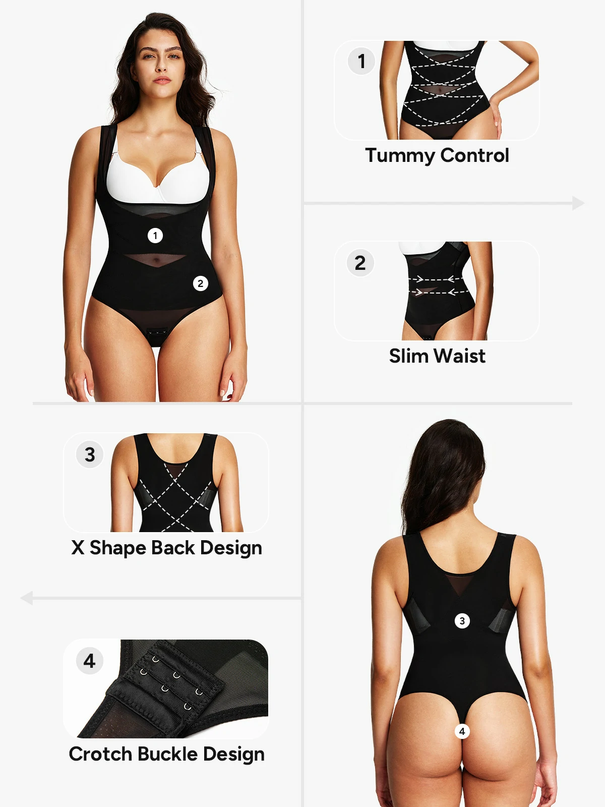 Mesh Open Bust Tummy Control Thong Bodysuit