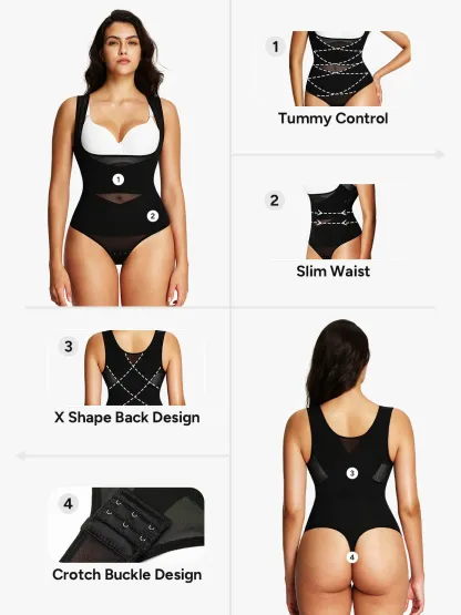 Mesh Open Bust Tummy Control Thong Bodysuit