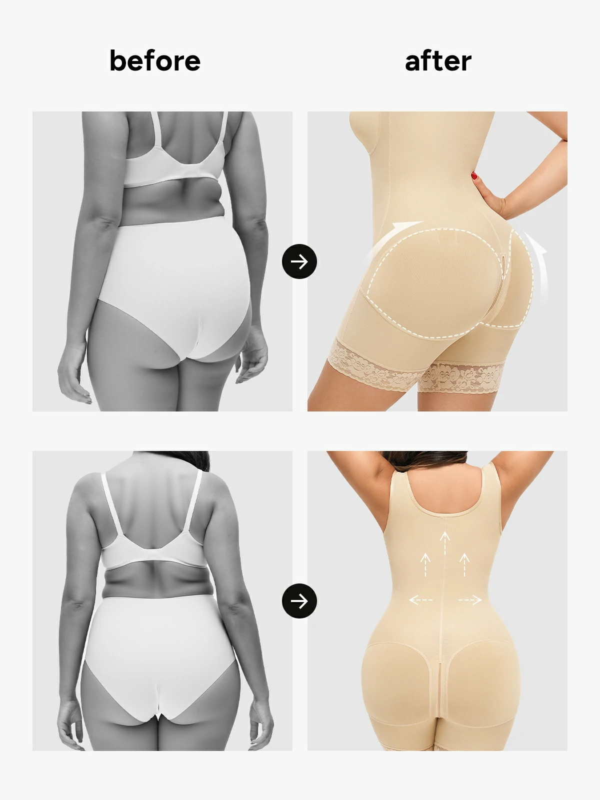 Front Zipper Crotch Opening Mid Thigh Shapewear Bodysuit