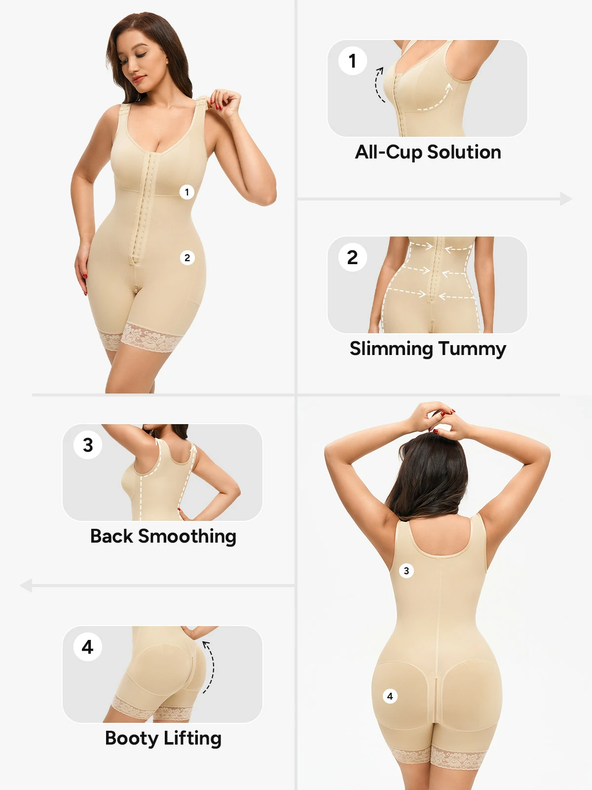 Front Zipper Crotch Opening Mid Thigh Shapewear Bodysuit