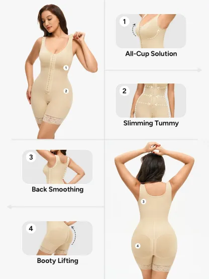 Front Zipper Crotch Opening Mid Thigh Shapewear Bodysuit