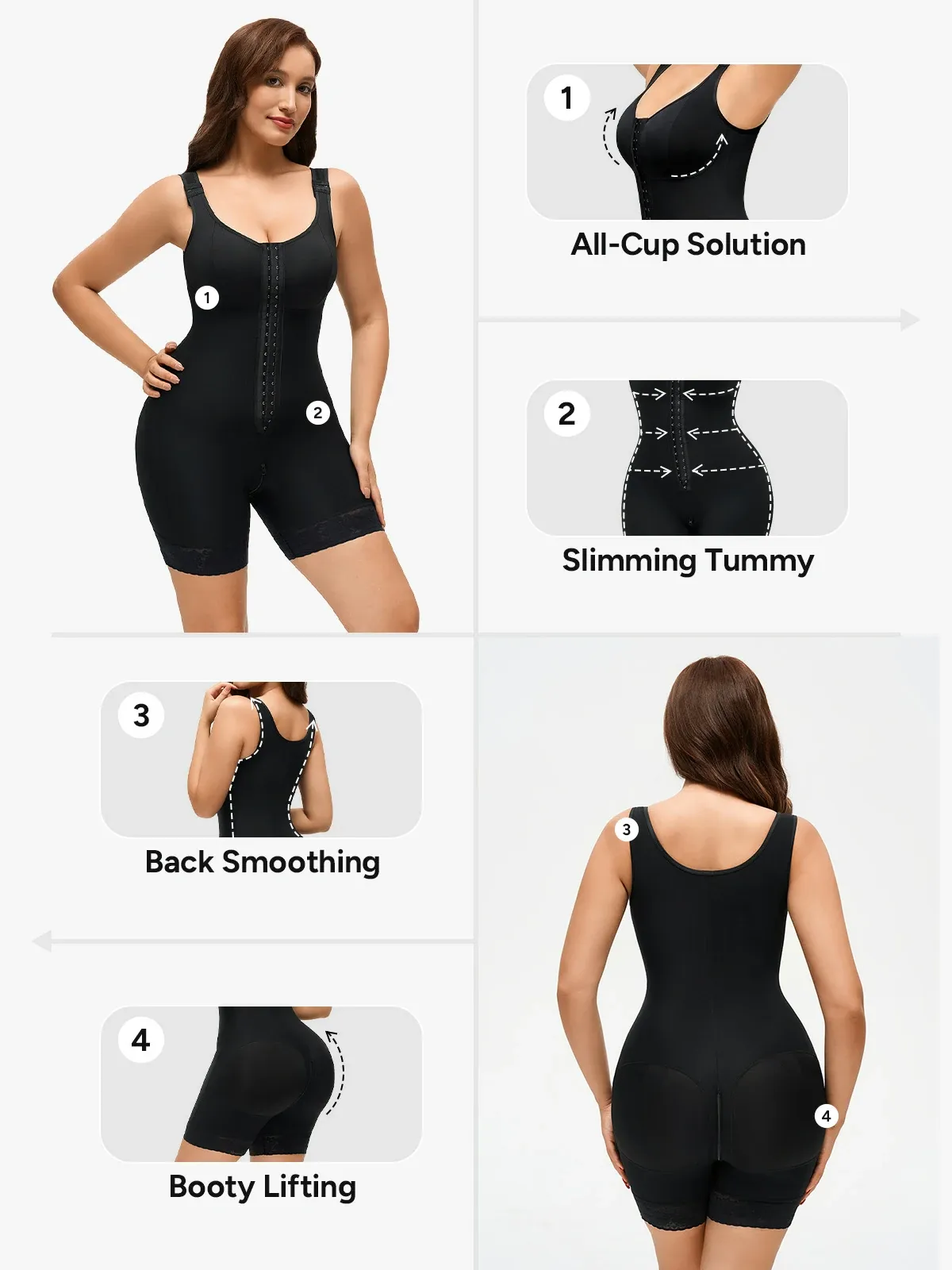 Front Zipper Crotch Opening Mid Thigh Shapewear Bodysuit