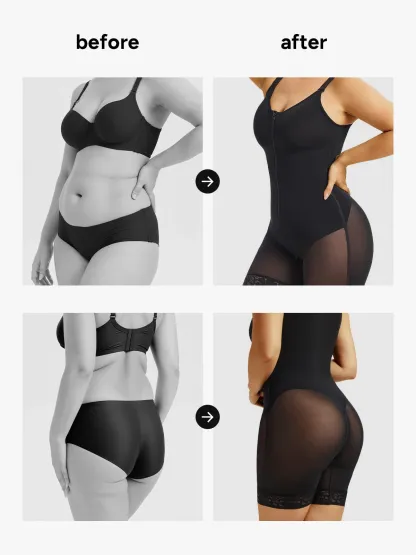 Mesh Front Zipper Crotch Opening Mid-Thigh Bodysuit