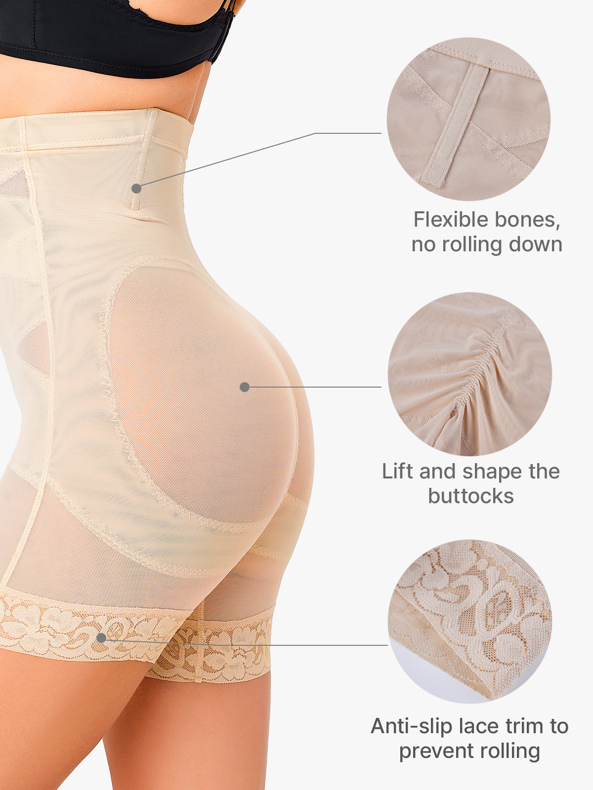 Mesh Breathable Double-Layer Tummy Control High-Waist Butt Lifter Shapewear Thigh Slimmers With Cut-Out Design