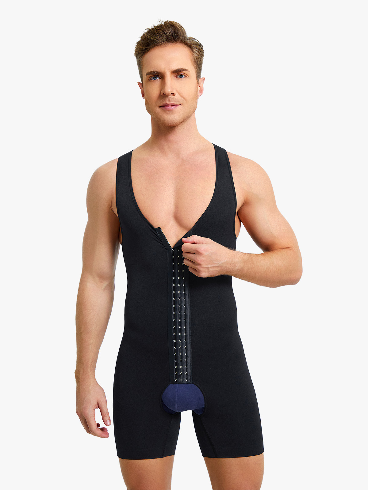 Deep U Sleeveless Jumpsuits with Crotch Opening-Nebility