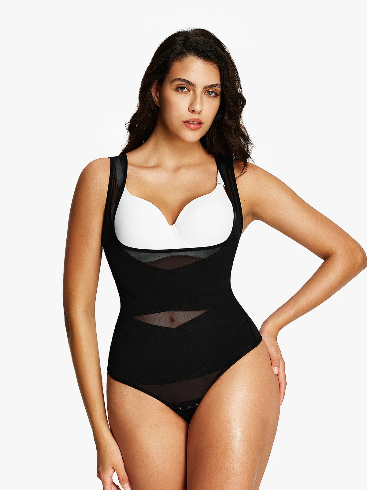 Mesh Open Bust Tummy Control Thong Bodysuit