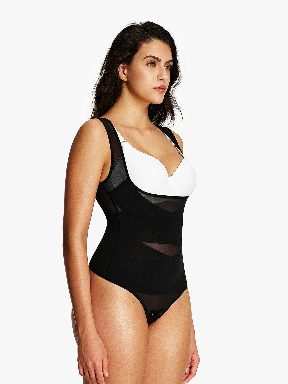 Mesh Open Bust Tummy Control Thong Bodysuit