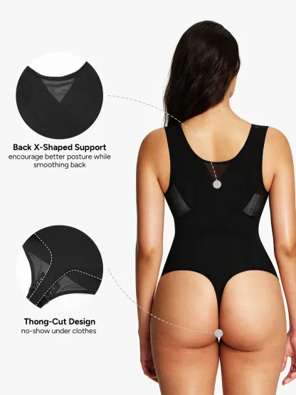 Mesh Open Bust Tummy Control Thong Bodysuit