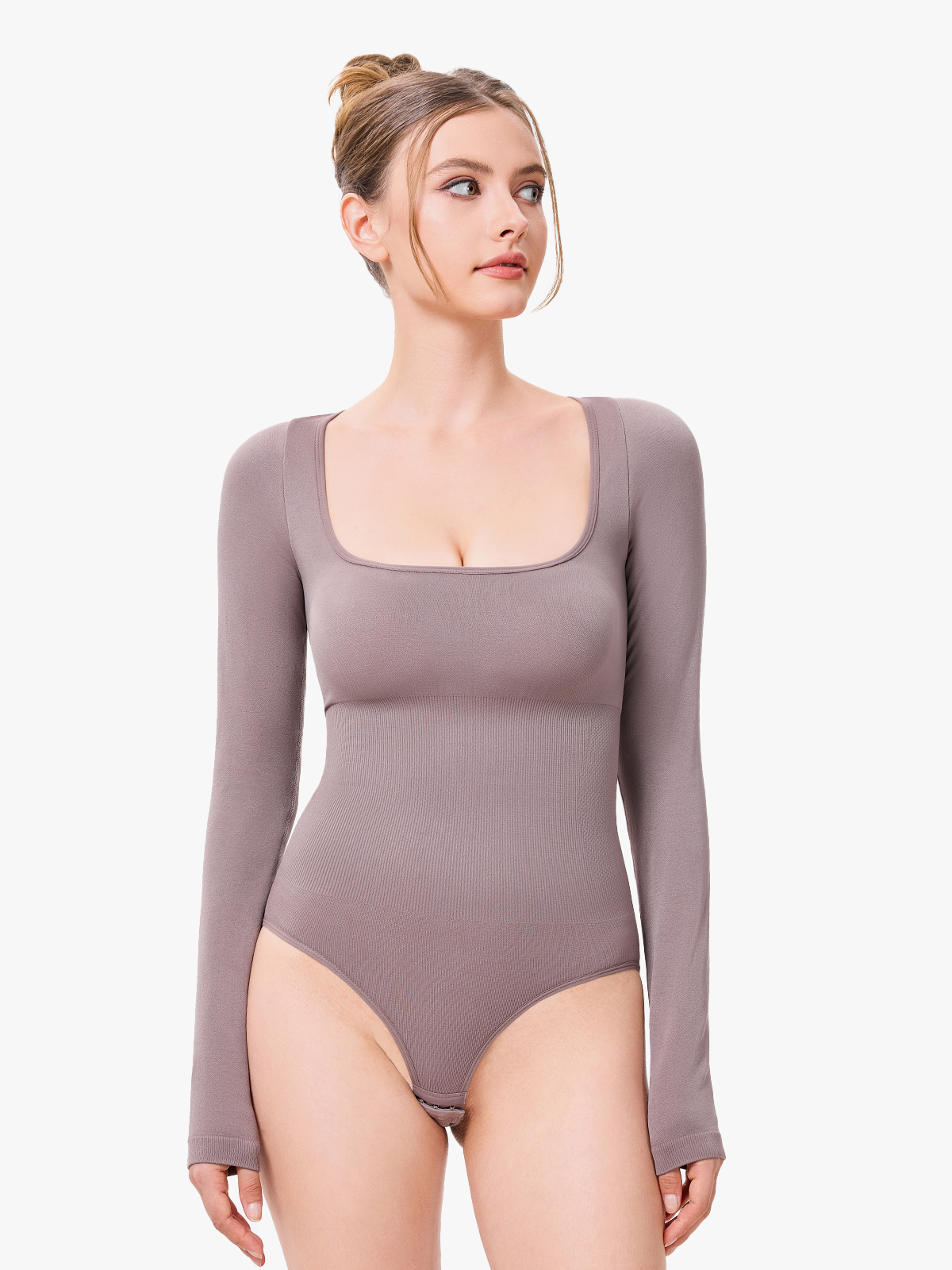 Versatile Square Neck Long Sleeve Brief Bodysuits-Nebility