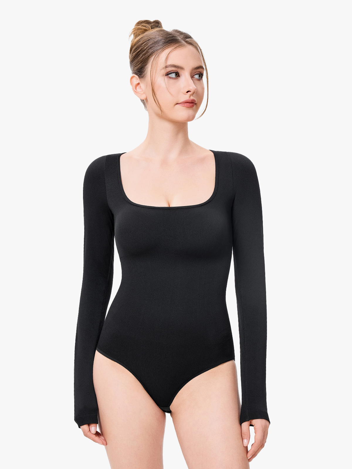 Versatile Square Neck Long Sleeve Brief Bodysuits-Nebility