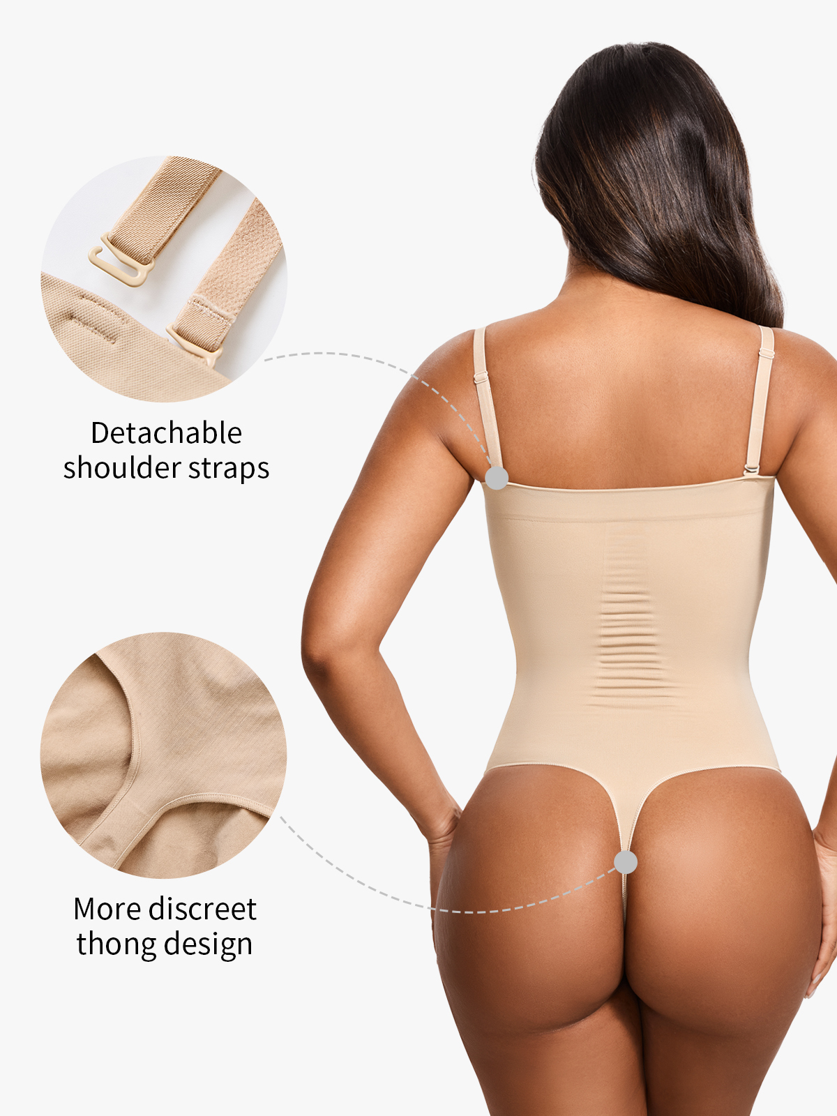 Seamless Tummy Control Thong Bodysuit with Detachable Shoulder Straps