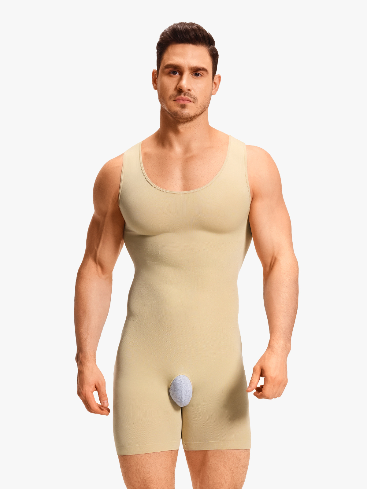 U-Neck Compression Crotch Opening Shapewear Boxer Bodysuit