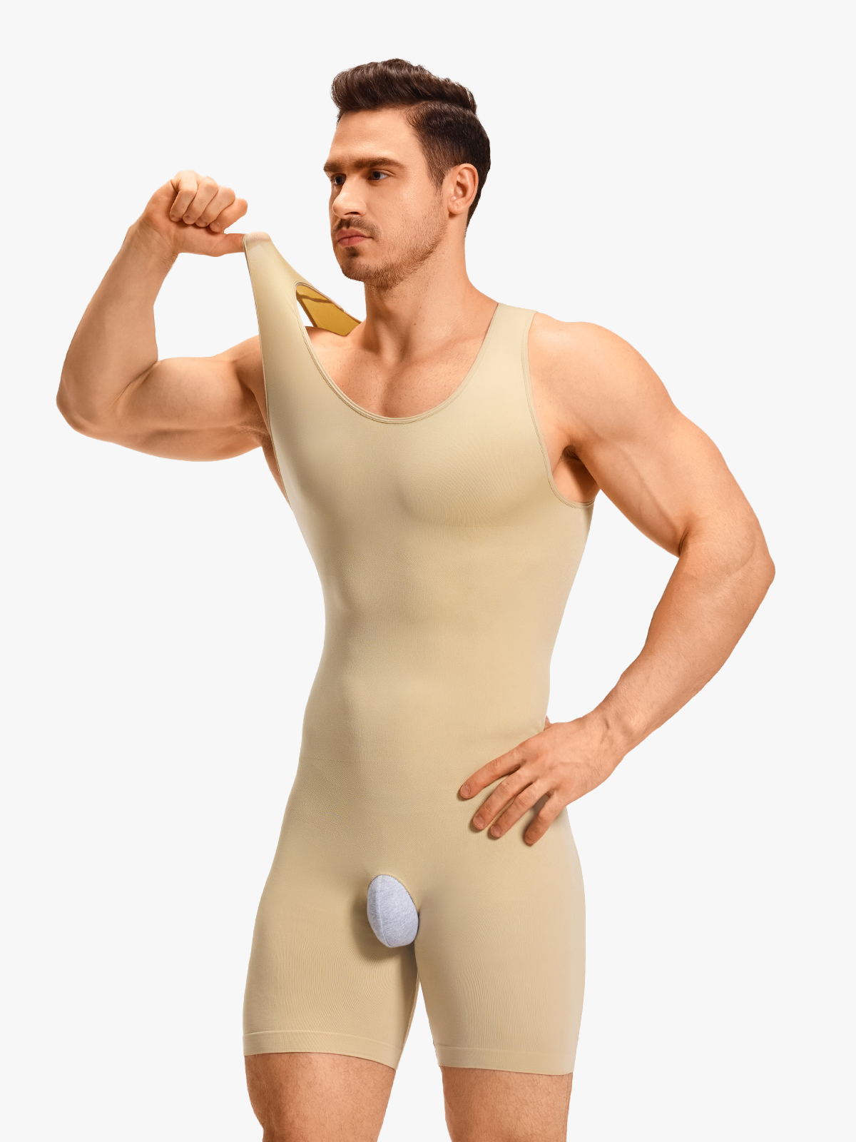 U-Neck Compression Crotch Opening Shapewear Boxer Bodysuit