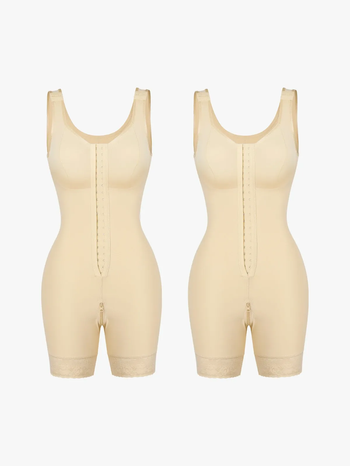 Front Zipper Crotch Opening Mid Thigh Shapewear Bodysuit