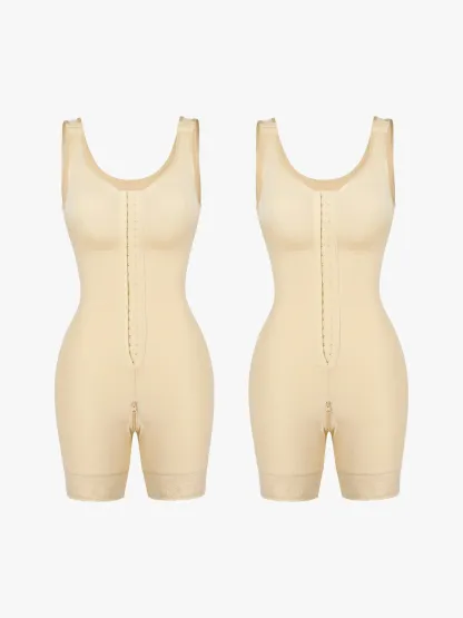 Front Zipper Crotch Opening Mid Thigh Shapewear Bodysuit