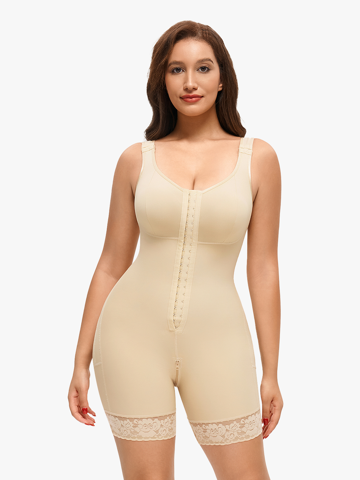 Front Zipper Crotch Opening Mid Thigh Shapewear Bodysuit