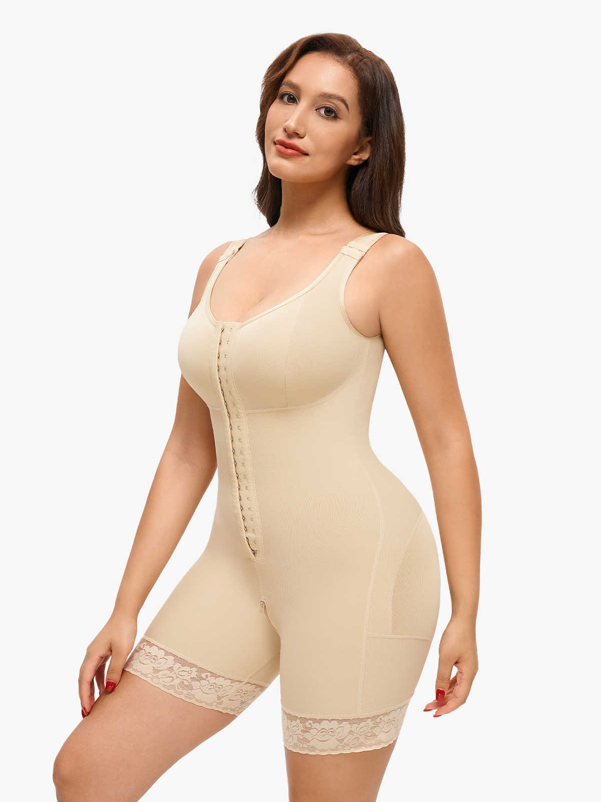 Front Zipper Crotch Opening Mid Thigh Shapewear Bodysuit