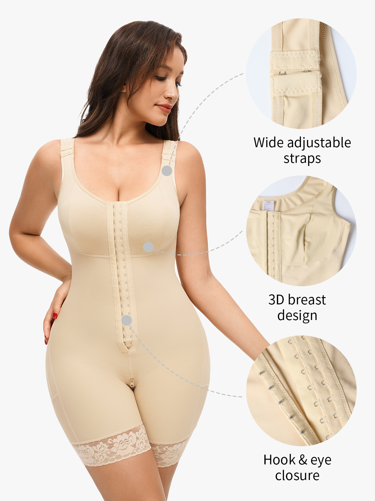 Front Zipper Crotch Opening Mid Thigh Shapewear Bodysuit