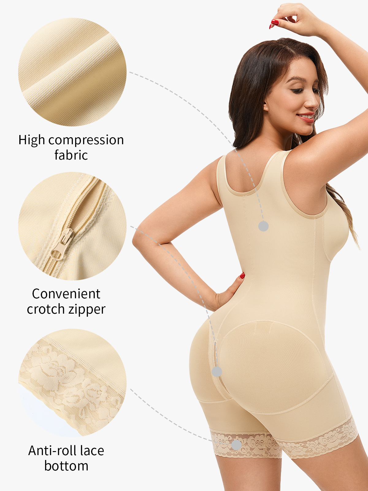 Front Zipper Crotch Opening Mid Thigh Shapewear Bodysuit