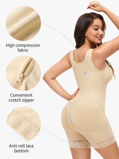 Front Zipper Crotch Opening Mid Thigh Shapewear Bodysuit